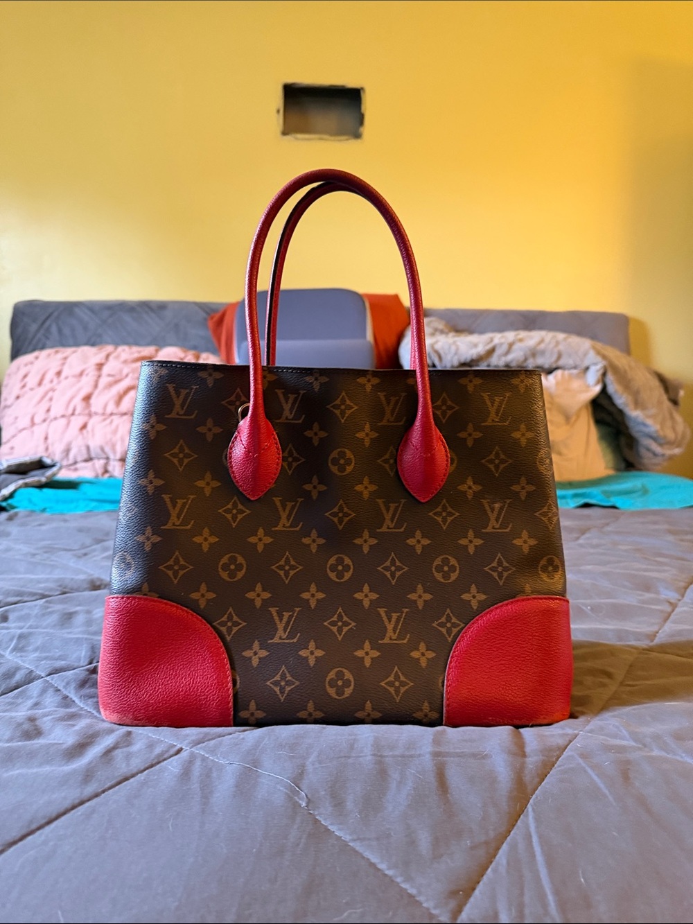 Louis Vuitton Monogram Tote with Red Handles and Corners
